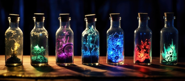 Botellas de vidrio brillantes con luces de colores vibrantes