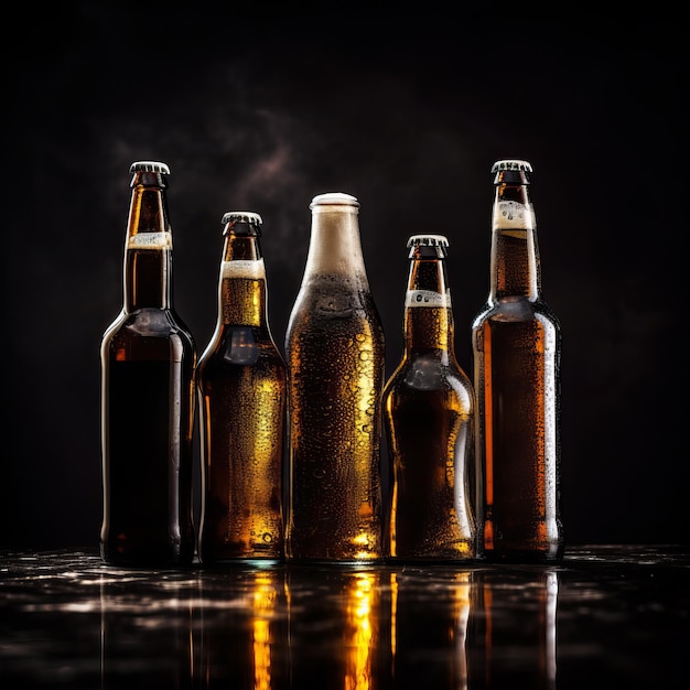 Botellas de vidrio de cerveza sobre un fondo oscuro