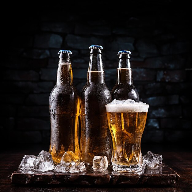 Botellas de vidrio de cerveza con vidrio y hielo en un fondo oscuro