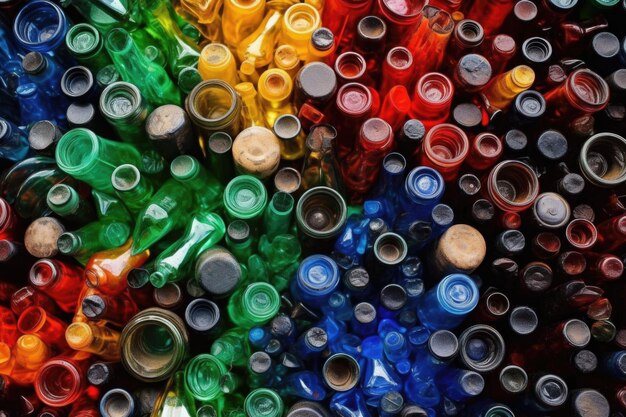 Botellas de vidrio clasificadas por color en una instalación de reciclaje creada con inteligencia artificial generativa