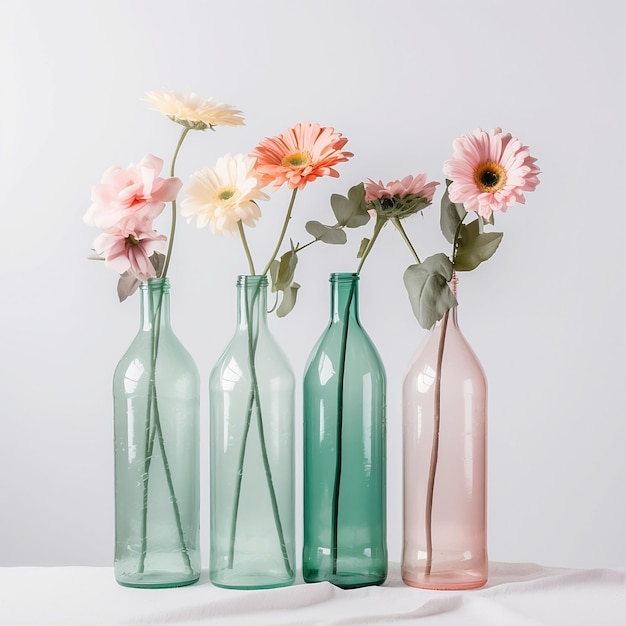 Botellas de vidrio con flores en un elegante arreglo minimalista