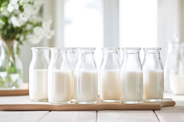 Foto botellas de vidrio de leche natural fresca en una tabla de madera contra un fondo interior aireado y brillante