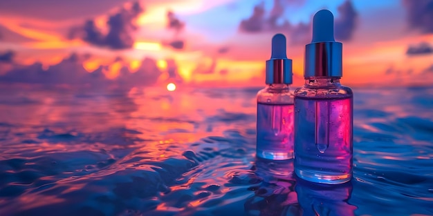 Foto botellas de vidrio de péptidos de colágeno suero que refleja la puesta de sol en el fondo del océano concepto de productos de belleza colágeno cuidado de la piel océano sunset botellas de cristal ingredientes naturales