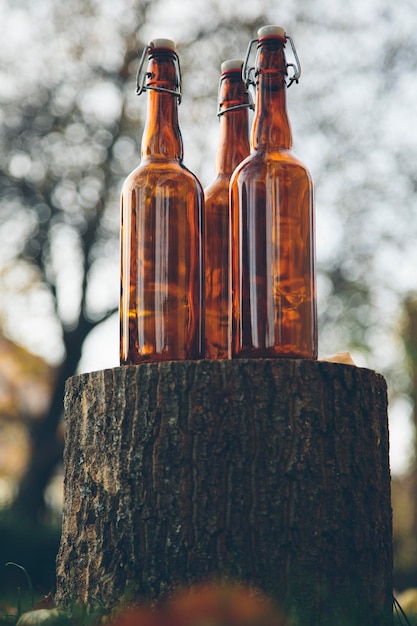 Botellas de vidrio en pila de madera