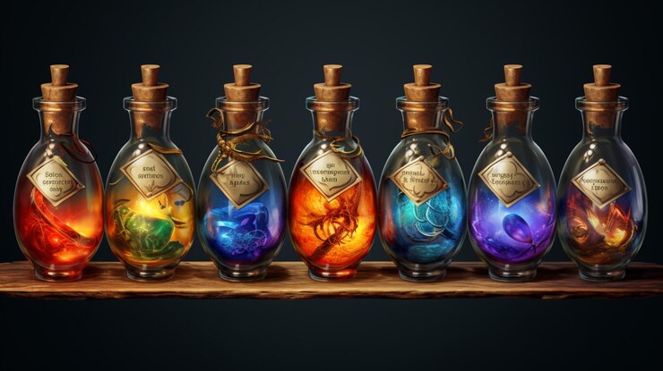 Foto botellas de vidrio de poción con elixir mágico y etiquetas realistas