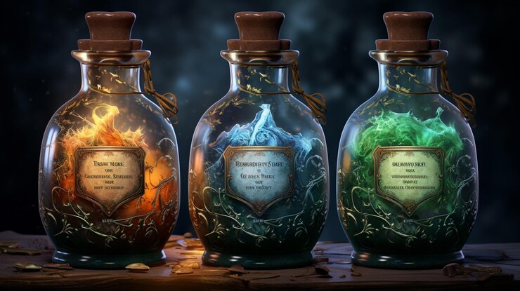 Foto botellas de vidrio de poción con elixir mágico y etiquetas realistas