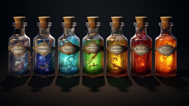 Foto botellas de vidrio de poción con elixir mágico y etiquetas realistas