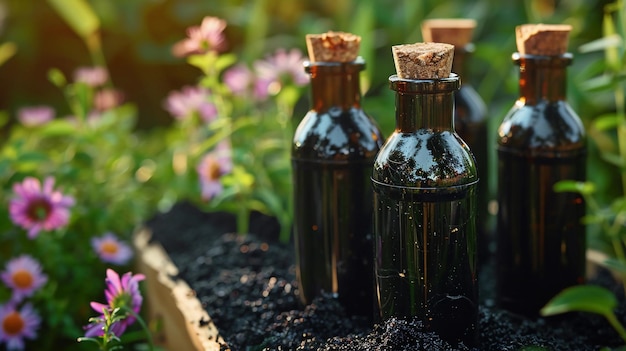 Botellas de vidrio con tapones llenos de tierra negra en un patio trasero Cosméticos basados en tierra Generados por IA