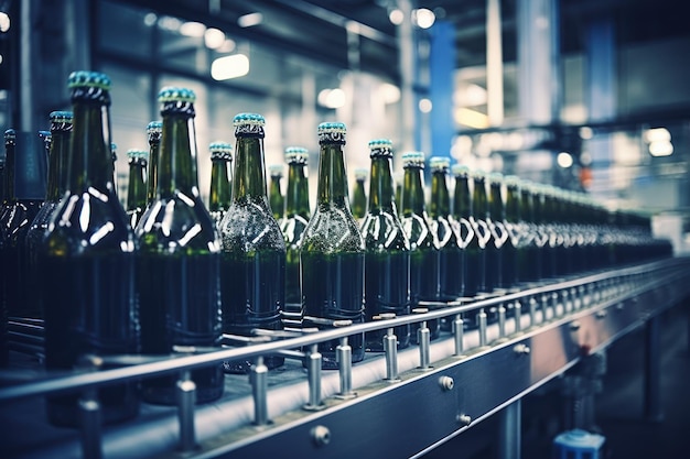 Botellas de vidrio vacías en la planta embotelladora de cinta transportadora