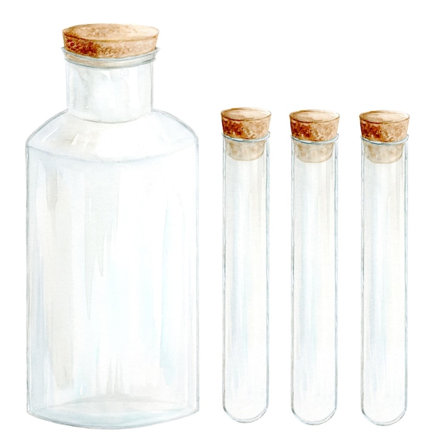 Botellas de vidrio vacías y tubos de ensayo Ilustración a acuarela dibujada a mano sobre un fondo blanco adecuada