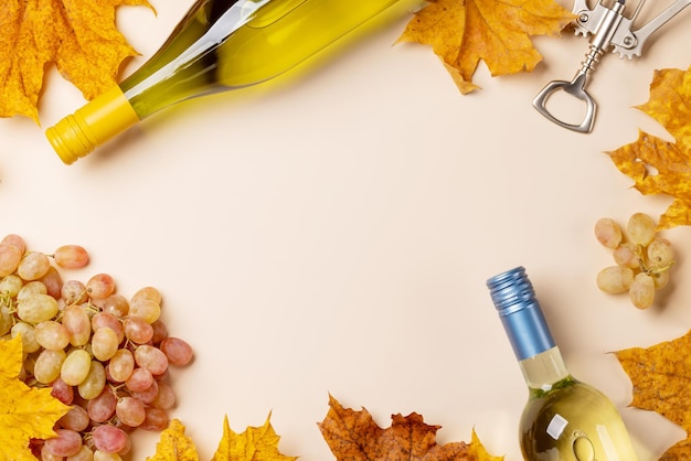 Botellas de vino blanco y hojas de otoño.