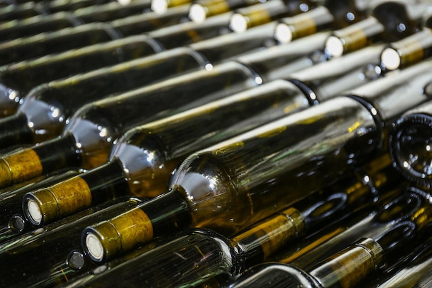 Botellas con vino en bodega closeup