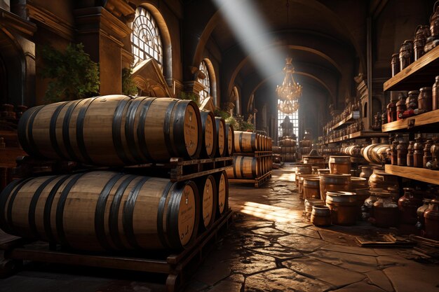 Botellas con vino en la bodega de producción de vino.