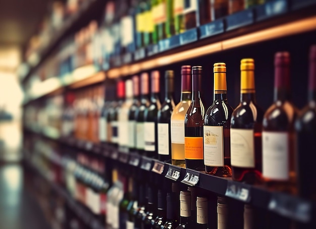 Botellas de vino borrosas abstractas en estantes de alcohol de licor en el fondo de la tienda del supermercado IA generativa