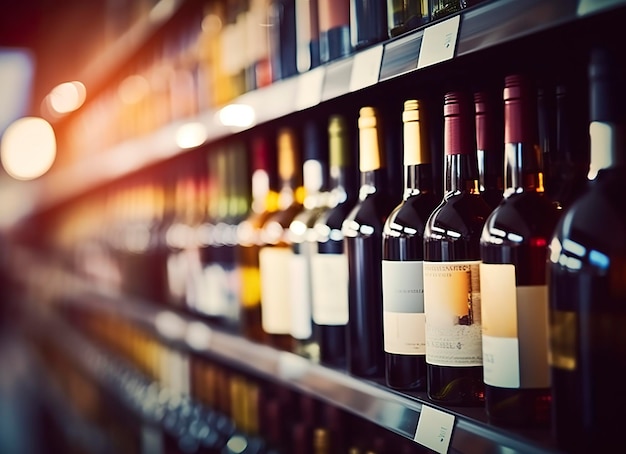 Botellas de vino borrosas abstractas en estantes de alcohol de licor en el fondo de la tienda del supermercado IA generativa