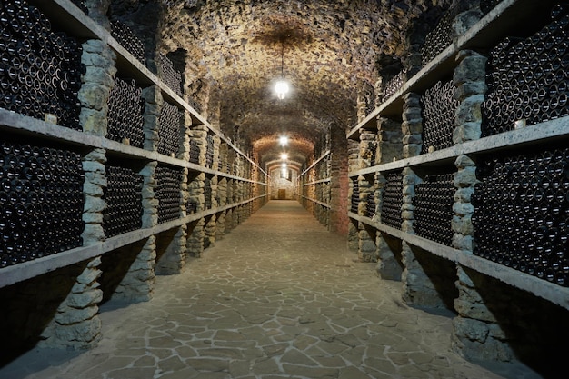 Botellas de vino en estantes en la bodegaxA