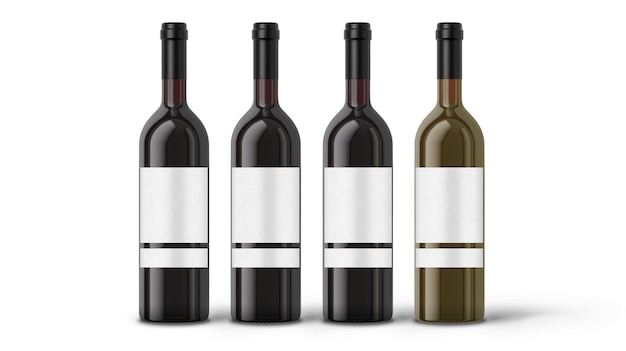 Botellas de vino con etiquetas sobre fondo blanco.