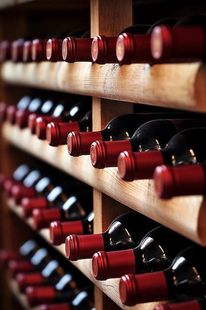 Foto botellas de vino tinto apiladas en estantes de madera disparadas con una profundidad de campo limitada