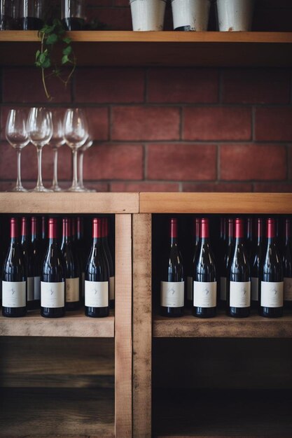 Foto botellas de vino tinto en un estante de madera