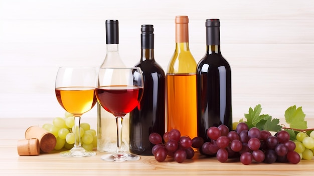 Botellas de vino y uvas en una mesa