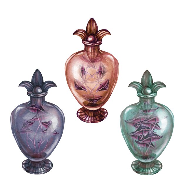 Botellas vintage de vidrio transparente con setas venenosas setas para la alquimia de las brujas Halloween