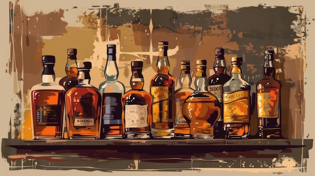 Foto botellas de whisky en el cartel retro en el estante