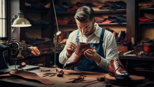 Foto botero en el taller de fabricación de zapatos