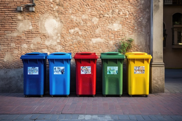 Botes de basura de colores para clasificar basura Botes de basura en las calles de la ciudad Concepto de ecología y reciclaje Botes de basura