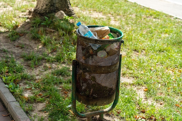 Botes de basura llenos de basura en la calle