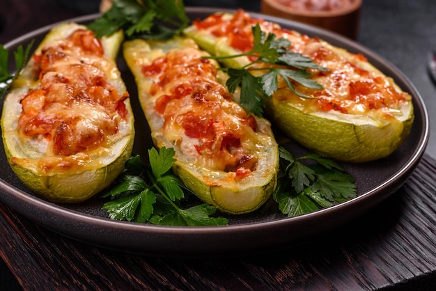 Foto botes de calabacín rellenos al horno con champiñones de pollo picados y verduras con queso