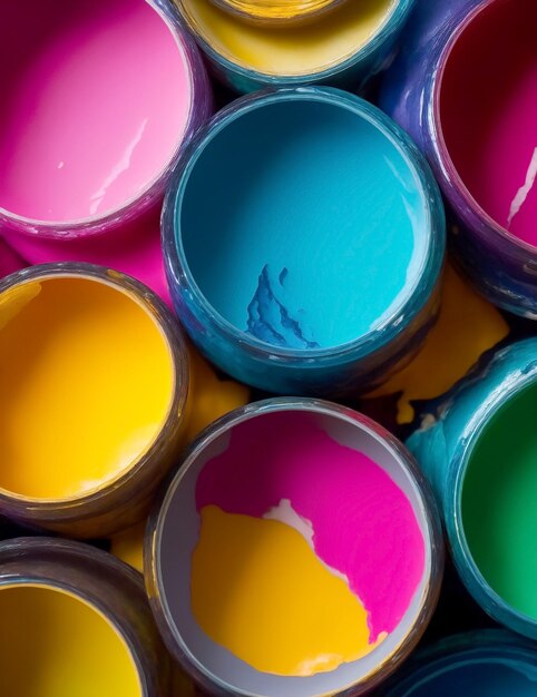Botes de pintura de varios colores.