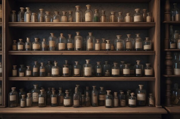 Foto un boticario de la era victoriana con estantes de madera y botellas de vidrio