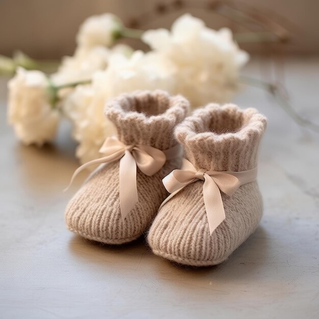 Botinhas de bebê feitas à mão isoladas em um fundo branco