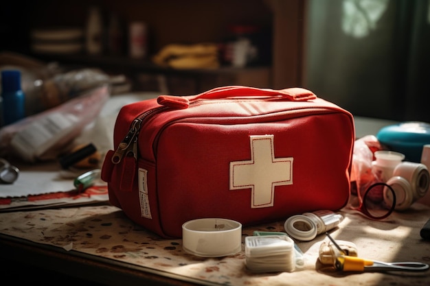 El botiquín de primeros auxilios de emergencia en la mesa