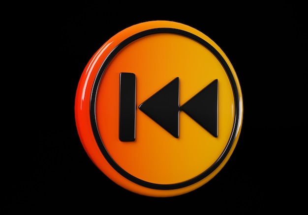 Botões de botão de mídia para trás Ícone brilhante com moldura amarela e com ilustração 3d de reflexão em fundo preto