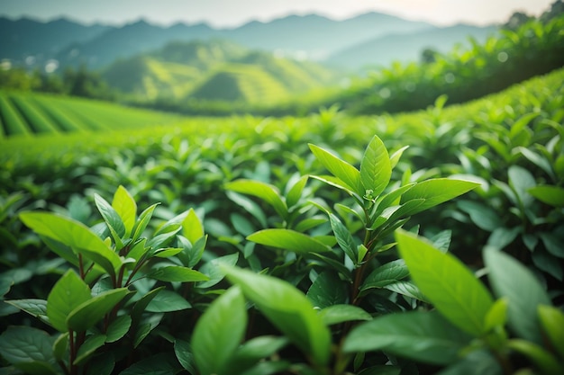 Botões de chá verde e folhas de plantações de chá verde pela manhã