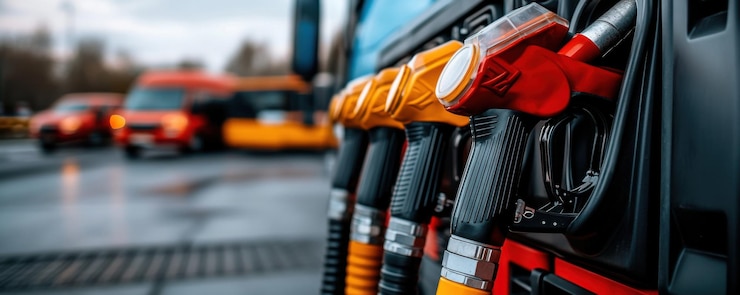 Botões de combustível em um posto de gasolina com veículos no fundo representando serviços de reabastecimento e combustível para transporte