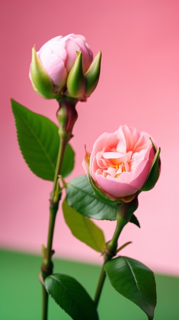 Botões de flor de peão rosa com folhas grandes em fundo branco