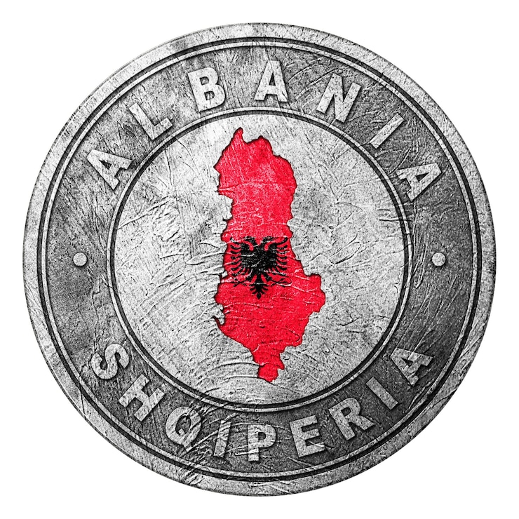 Foto botón de bandera de albania con el mapa
