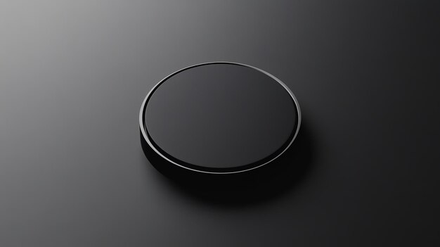 Botón circular negro con un borde ligeramente elevado El botón está colocado contra un fondo gris oscuro
