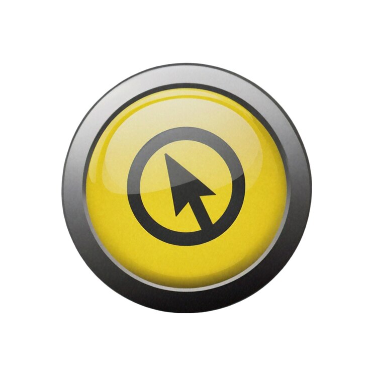 Foto botón de clic amarillo realista con icono en blanco y negro