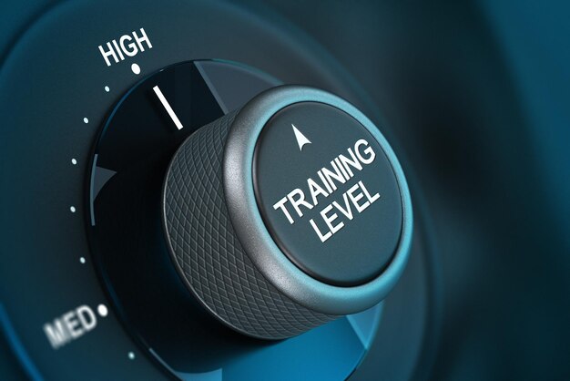 Botón de entrenamiento apuntando al alto nivel, imagen de render 3d con tonos azules y efecto de desenfoque