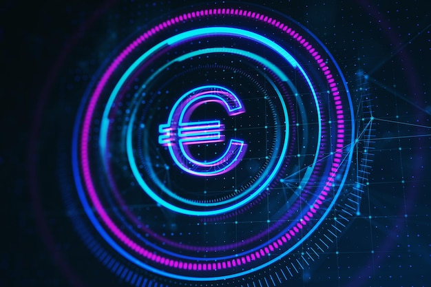 Botón poligonal redondo brillante creativo con signo de euro sobre fondo oscuro Concepto de banca y dinero en línea Representación 3D