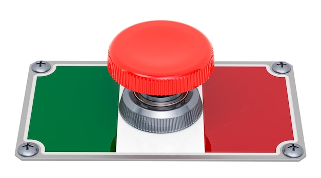 Foto botón presionado con representación 3d de la bandera italiana aislada en fondo blanco