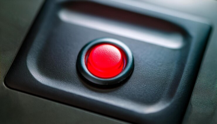 Foto botón rojo de neón en el panel de control equipo moderno