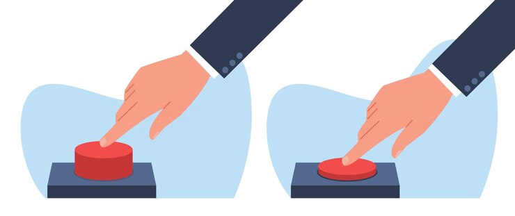 Foto botón rojo presionado a mano símbolo de inicio o lanzamiento brazo humano empujando elección o señal de advertencia dedo señalando gesto cartoon estilo plano concepto de negocio vectorial aislado