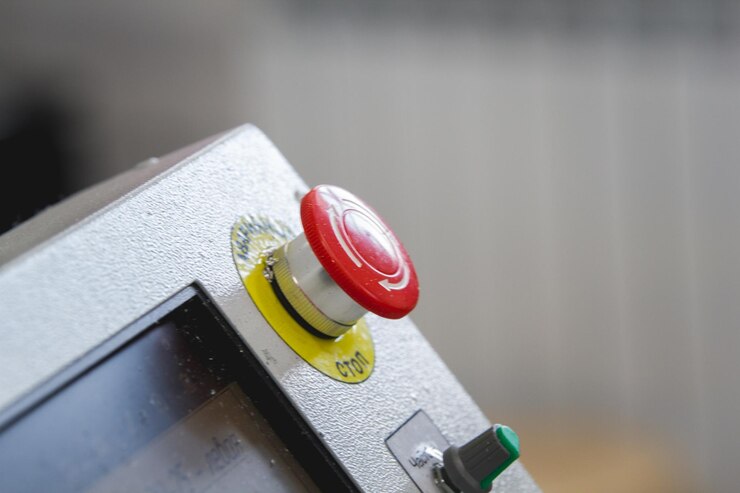 Foto botón rojo de reinicio del interruptor de parada de emergencia en la industria de maquinaria