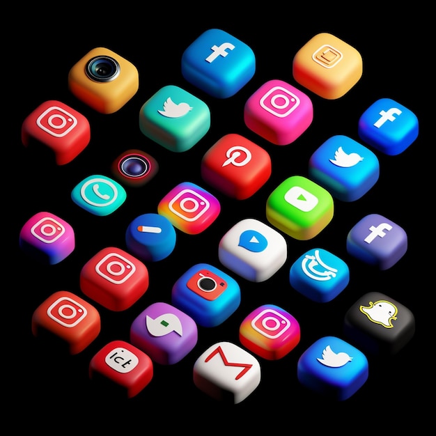 Botones realistas con colección de logotipos de redes sociales