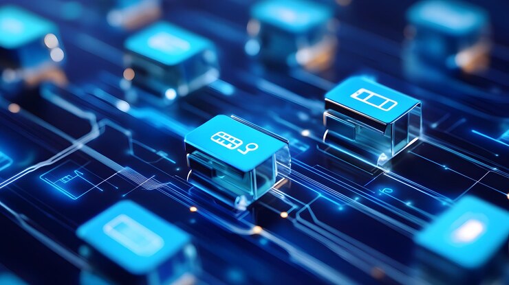 Botones de vidrio azul con iconos de dispositivos en una placa de circuitos abstractos