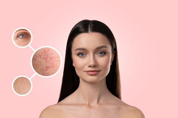 Botox Cuidado de la piel Una chica con problemas dentales en un fondo brillante